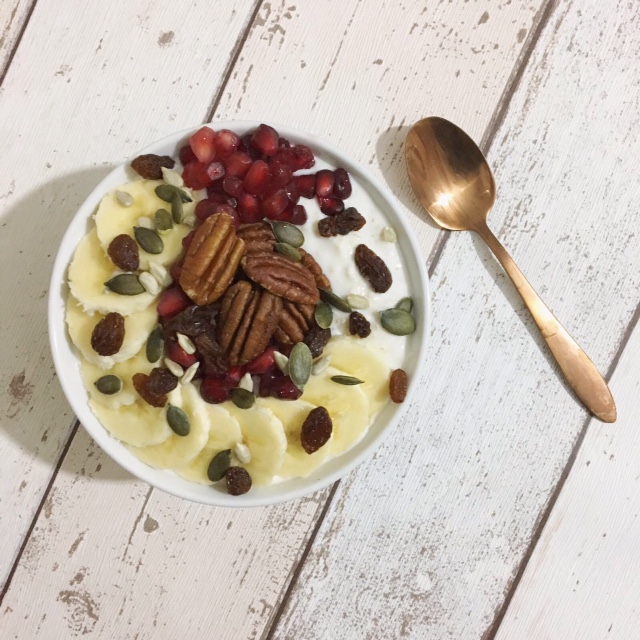 Plant based - oats, almond milk, soya yoghurt, nuts and fruit